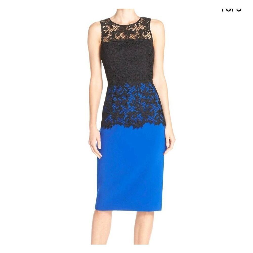 NWT Sachin & Babi Noir Carolina blue&black Lace & Crepe Midi Dress sz 6